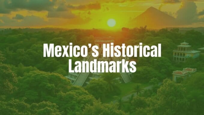 Ancient Mayan pyramid under a golden sunset, surrounded by lush jungle, with vibrant colonial buildings in the distance, realistic.
