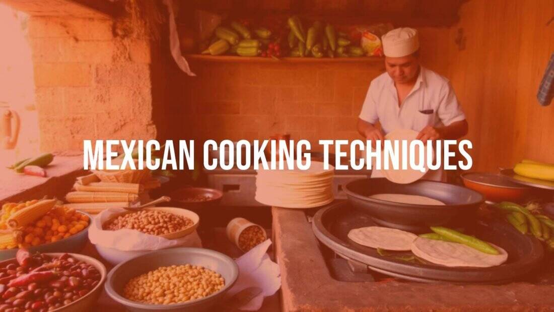 Traditional Mexican kitchen scene, fresh ingredients like corn, beans, and chilies, a cook preparing tortillas on a comal, warm and vibrant colors, rustic setting, realistic.
