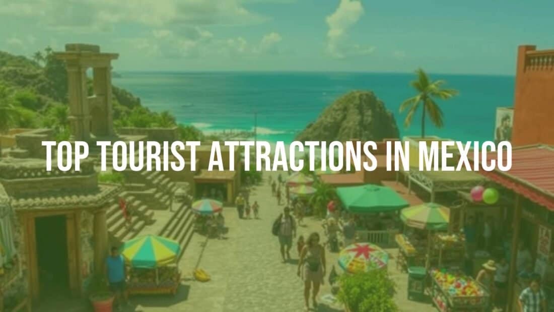 Vibrant Mexican tourist scene with ancient ruins, colorful markets, and sunny beaches, lively and inviting, realistic.