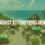 Vibrant Mexican tourist scene with ancient ruins, colorful markets, and sunny beaches, lively and inviting, realistic.