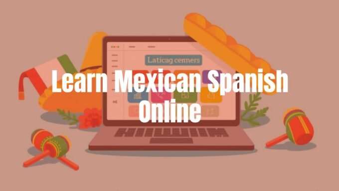 Mexican Spanish online learning, laptop with language app, vibrant colors, cultural elements like sombrero or maracas, cheerful and educational vibe, illustrative style.