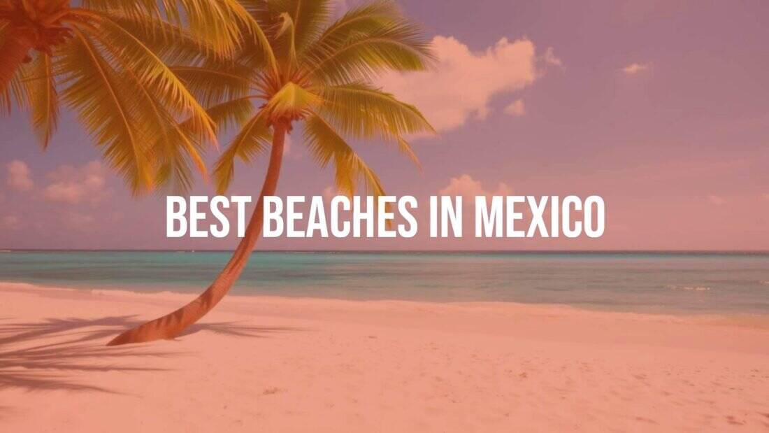 Beautiful sandy beach in Mexico, turquoise waters, clear blue sky, palm trees, serene and inviting atmosphere, realistic.