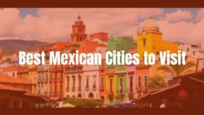 Vibrant Mexican cityscape with colorful buildings, historic architecture, and lively street market, sunny day, realistic.