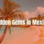 A serene hidden beach in Mexico, turquoise water, golden sand, lush green palm trees, peaceful and untouched, realistic.