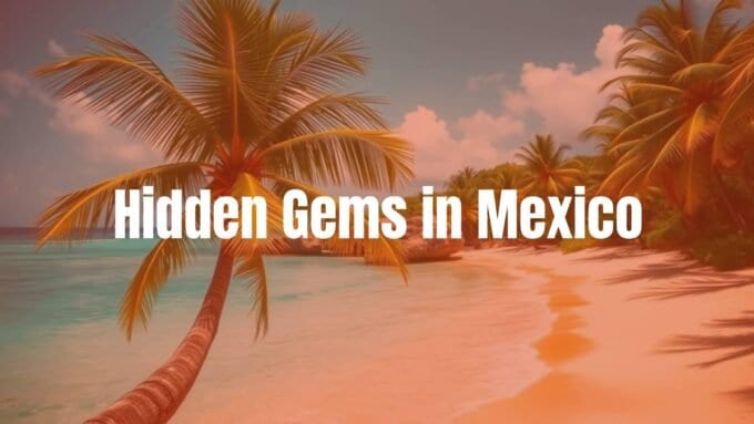 A serene hidden beach in Mexico, turquoise water, golden sand, lush green palm trees, peaceful and untouched, realistic.