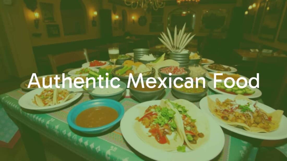 Colorful table spread of authentic Mexican food including tacos, mole, and fresh ingredients, vibrant and inviting, traditional setting, warm lighting, festive mood.