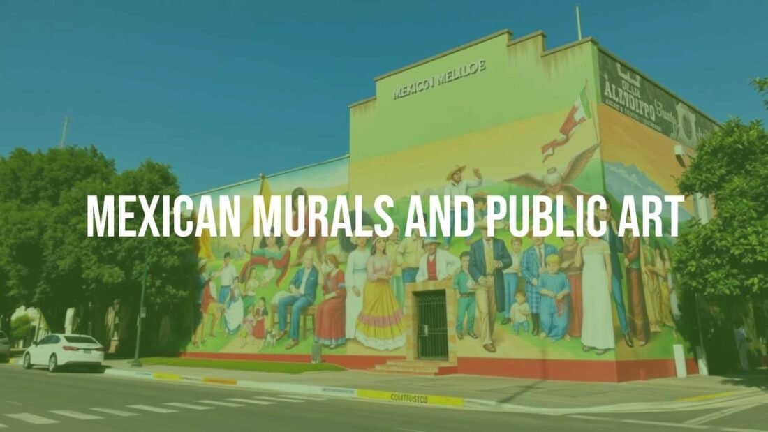 Colorful Mexican mural on a government building, depicting historical and cultural scenes, vibrant and lively, realistic style.