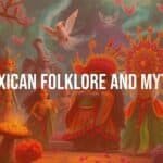 Vibrant Mexican folklore scene, ancient gods and spirits, colorful traditional costumes, mystical atmosphere, illustrative style.