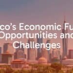 Mexico's economic crossroads, modern city skyline with a mix of traditional and futuristic buildings, vibrant colors, symbolic scale balancing opportunities and challenges, professional and optimistic tone.