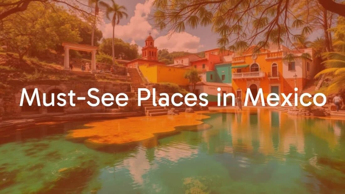 Vibrant Mexican landscape with ancient ruins, colorful colonial buildings, and a cenote, sunny and lively atmosphere, realistic.