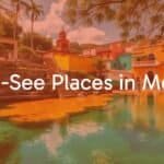 Vibrant Mexican landscape with ancient ruins, colorful colonial buildings, and a cenote, sunny and lively atmosphere, realistic.