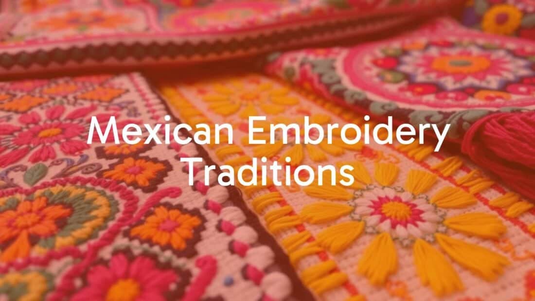 Colorful Mexican embroidery with intricate patterns, vibrant threads on fabric, traditional indigenous and European-inspired designs, cultural heritage, detailed and lively, artisan craftsmanship.