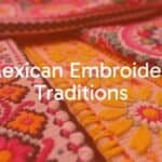 Colorful Mexican embroidery with intricate patterns, vibrant threads on fabric, traditional indigenous and European-inspired designs, cultural heritage, detailed and lively, artisan craftsmanship.