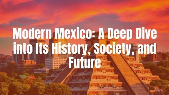 Modern Mexico city skyline with historic Aztec pyramid in foreground, vibrant colors, cultural fusion, realistic.