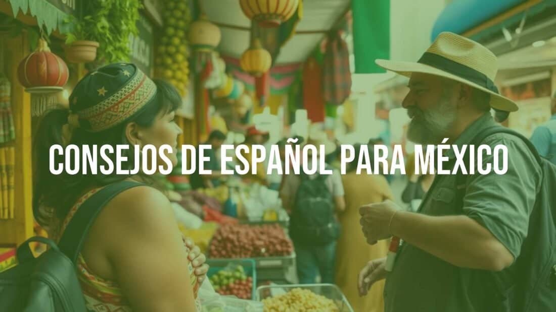 A traveler speaking Spanish with a local vendor in a bustling Mexican market, vibrant colors, lively atmosphere, realistic.
