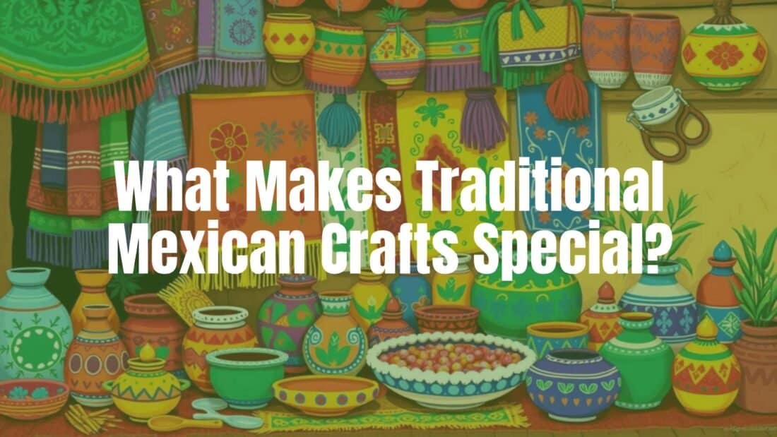 Colorful traditional Mexican crafts, vibrant textiles and clay pottery, artisan hands at work, cultural heritage, warm and inviting atmosphere, illustrative style.
