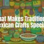 Colorful traditional Mexican crafts, vibrant textiles and clay pottery, artisan hands at work, cultural heritage, warm and inviting atmosphere, illustrative style.