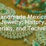 Handmade Mexican jewelry, intricate silver and beadwork, vibrant colors, artisanal craftsmanship, cultural heritage, detailed close-up on a wooden table, warm lighting, realistic.
