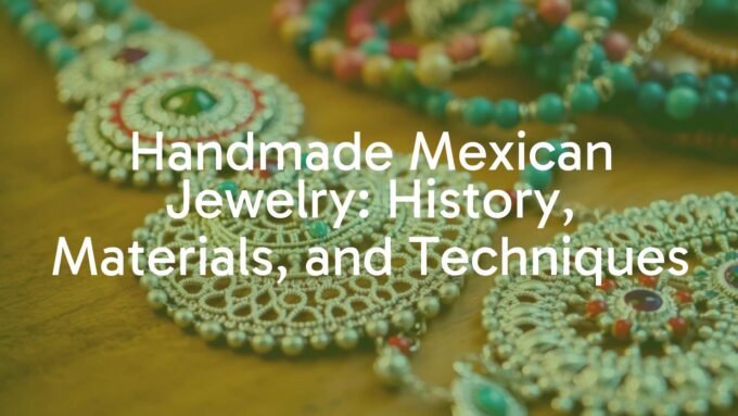 Handmade Mexican jewelry, intricate silver and beadwork, vibrant colors, artisanal craftsmanship, cultural heritage, detailed close-up on a wooden table, warm lighting, realistic.
