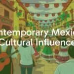 Vibrant Mexican cultural scene, fusion of ancient and modern elements, colorful traditional patterns, lively street festival atmosphere, illustrative style.