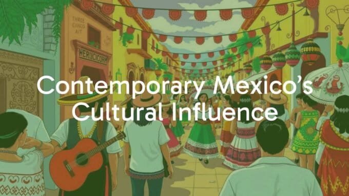 Vibrant Mexican cultural scene, fusion of ancient and modern elements, colorful traditional patterns, lively street festival atmosphere, illustrative style.