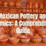 Colorful Mexican pottery and ceramics, hand-painted designs, traditional patterns, vibrant colors, cultural heritage, rustic workshop setting, realistic.