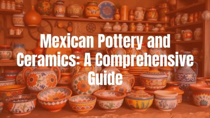 Colorful Mexican pottery and ceramics, hand-painted designs, traditional patterns, vibrant colors, cultural heritage, rustic workshop setting, realistic.