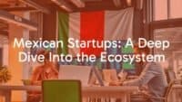 Modern Mexican startup scene, vibrant office space with tech entrepreneurs working, laptops and digital screens, Mexican flag in background, lively and dynamic atmosphere, realistic style.