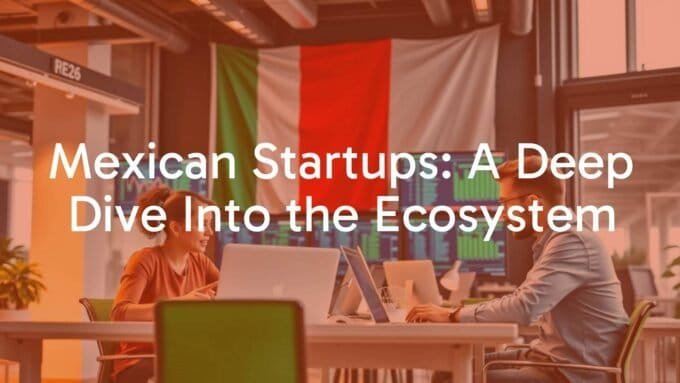 Modern Mexican startup scene, vibrant office space with tech entrepreneurs working, laptops and digital screens, Mexican flag in background, lively and dynamic atmosphere, realistic style.