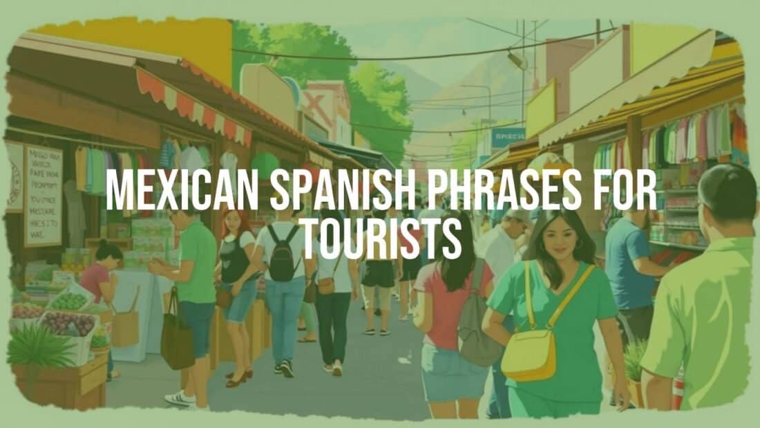 A vibrant Mexican marketplace scene, tourists interacting with locals, colorful stalls, Mexican flags, happy expressions, warm sunlight, authentic cultural vibe, illustrative style.