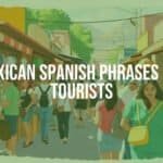 A vibrant Mexican marketplace scene, tourists interacting with locals, colorful stalls, Mexican flags, happy expressions, warm sunlight, authentic cultural vibe, illustrative style.