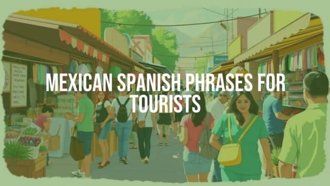 A vibrant Mexican marketplace scene, tourists interacting with locals, colorful stalls, Mexican flags, happy expressions, warm sunlight, authentic cultural vibe, illustrative style.