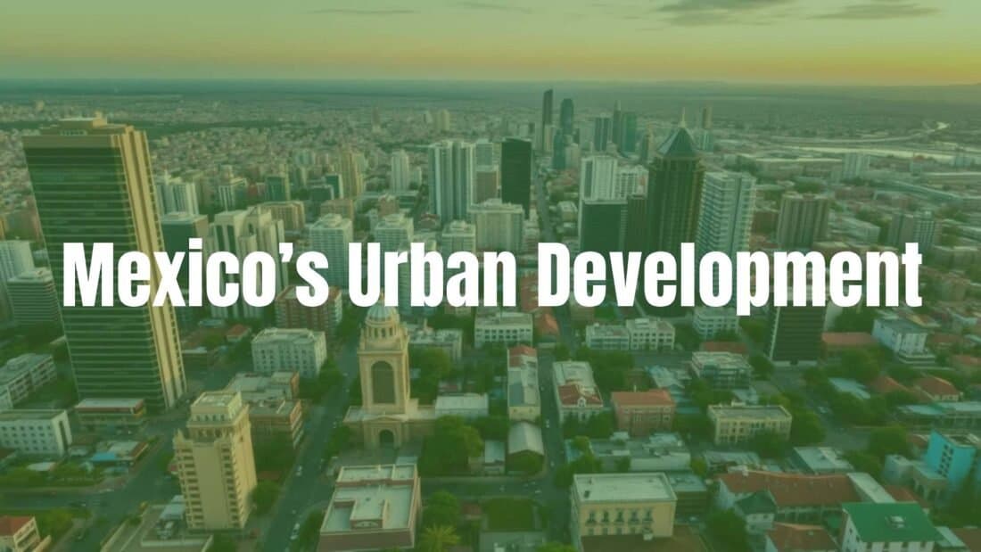 Aerial view of a bustling Mexican cityscape at sunset, modern skyscrapers and colorful urban neighborhoods, showing rapid urban development and growth, realistic style.