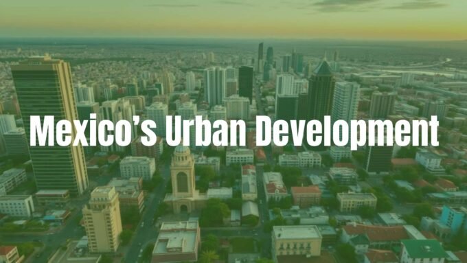 Aerial view of a bustling Mexican cityscape at sunset, modern skyscrapers and colorful urban neighborhoods, showing rapid urban development and growth, realistic style.