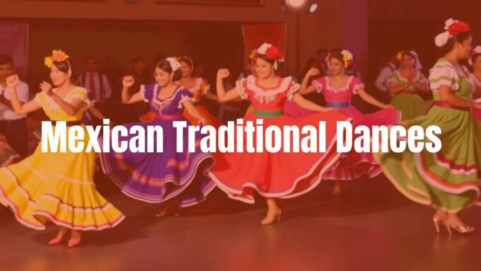 A vibrant Mexican folkloric dance performance, dancers in colorful traditional dresses, swirling skirts, intricate footwork, festive atmosphere, cultural celebration, detailed and lively.