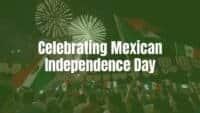 A vibrant celebration of Mexican Independence Day, featuring a crowd waving Mexican flags, fireworks in the night sky, and traditional papel picado banners, festive and colorful.