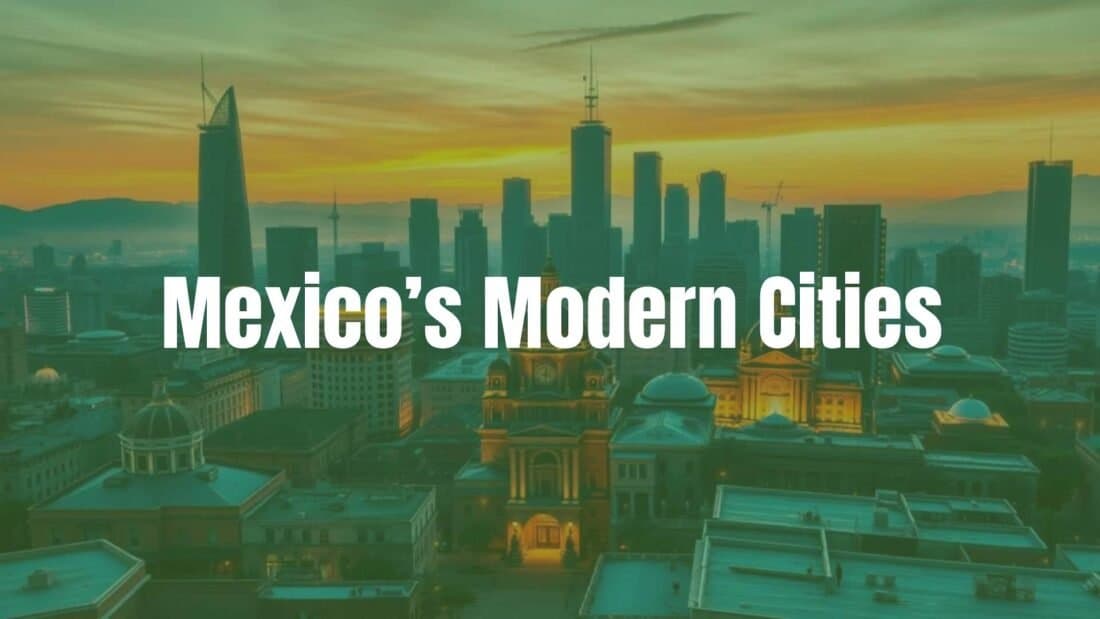 Modern Mexican city skyline at sunset, blending futuristic skyscrapers with historic architecture, vibrant street life, warm color palette, realistic style.