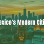 Modern Mexican city skyline at sunset, blending futuristic skyscrapers with historic architecture, vibrant street life, warm color palette, realistic style.
