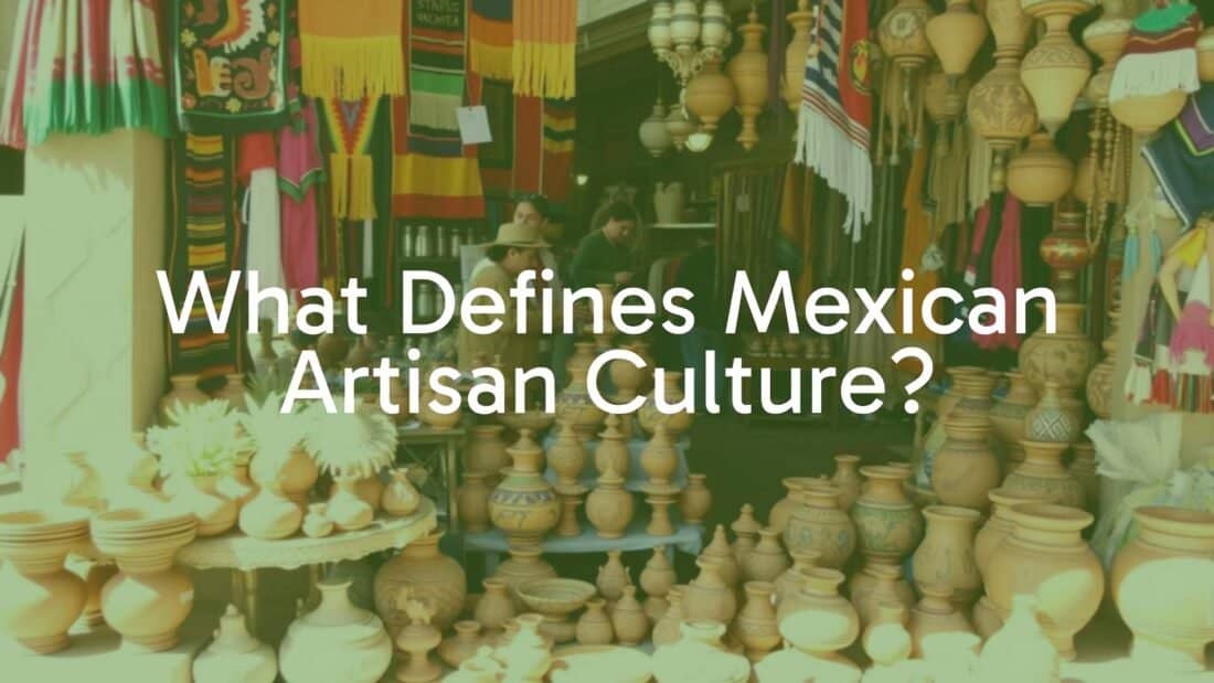 Vibrant Mexican artisan market, colorful textiles, traditional pottery, detailed handmade crafts, bustling atmosphere, warm sunlight, cultural heritage.