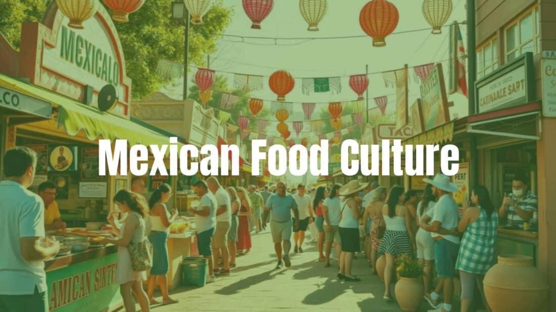 Colorful Mexican street food market with vibrant taco stands and people sharing meals, warm sunlight, festive atmosphere, traditional elements like papel picado and clay pots, realistic.
