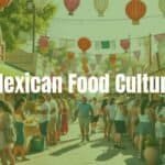 Colorful Mexican street food market with vibrant taco stands and people sharing meals, warm sunlight, festive atmosphere, traditional elements like papel picado and clay pots, realistic.