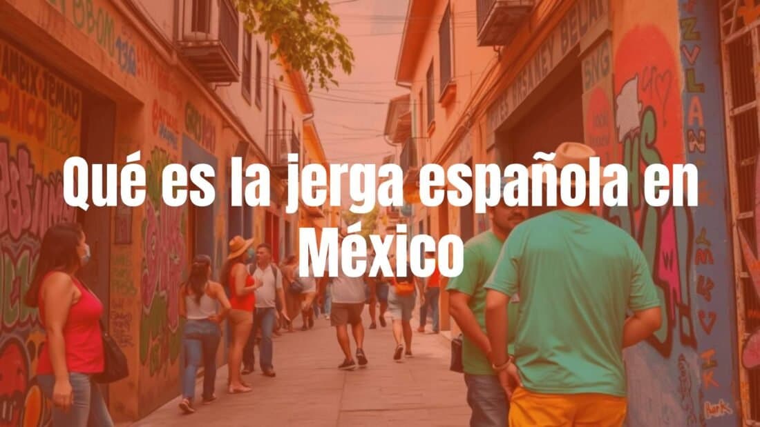 Vibrant Mexican street scene with locals chatting, colorful graffiti showcasing slang words like 'Qué onda' and 'Chamarra', lively and cultural atmosphere, illustrative style.