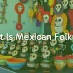 Vibrant Mexican folk art display, colorful handcrafted pottery and Day of the Dead decorations, traditional patterns, festive and cultural, illustrative style.