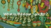 Vibrant Mexican folk art display, colorful handcrafted pottery and Day of the Dead decorations, traditional patterns, festive and cultural, illustrative style.