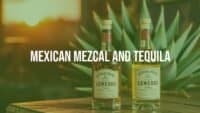 Two bottles of Mexican mezcal and tequila, rustic wooden table, agave plant in background, warm sunset lighting, traditional Mexican decor, realistic.