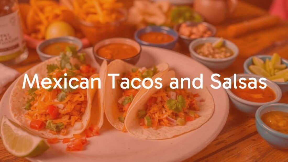A colorful spread of authentic Mexican tacos with assorted salsas, vibrant ingredients, rustic table setting, warm lighting, realistic.