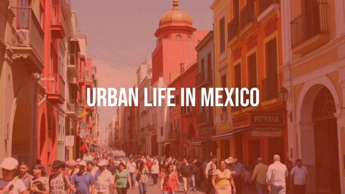 Busy urban street in Mexico, colorful buildings, bustling crowd, vibrant atmosphere, realistic.