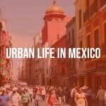 Busy urban street in Mexico, colorful buildings, bustling crowd, vibrant atmosphere, realistic.