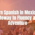 A vibrant Mexican marketplace, colorful stalls, people chatting in Spanish, warm sunlight, immersive language learning experience.