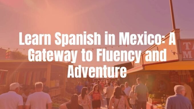 A vibrant Mexican marketplace, colorful stalls, people chatting in Spanish, warm sunlight, immersive language learning experience.